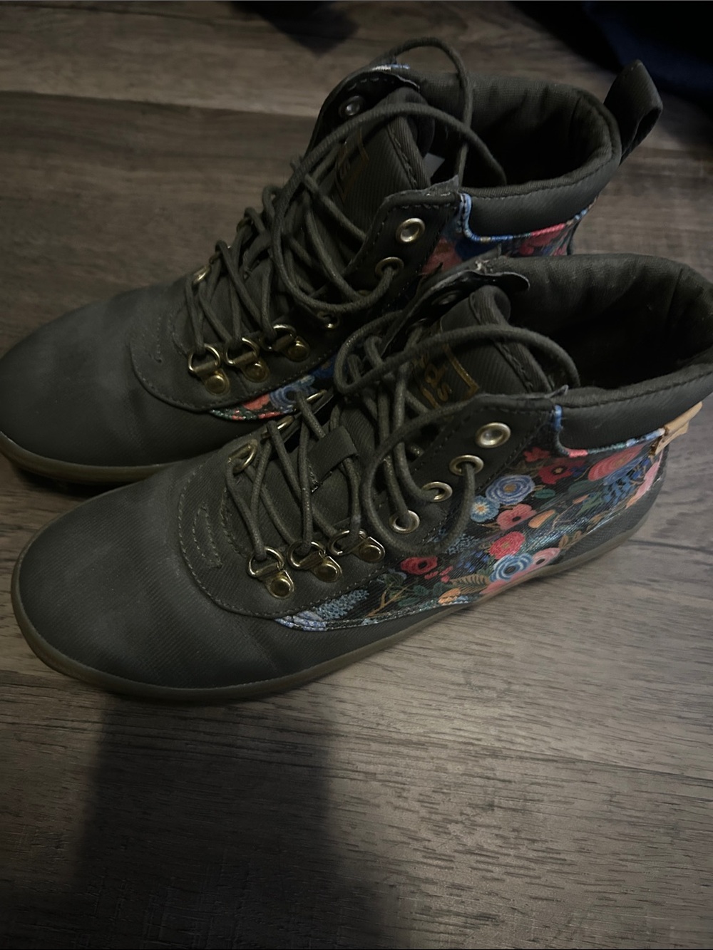 Keds Women's Olive Lace-Up High-Top Boots with Floral Panels
